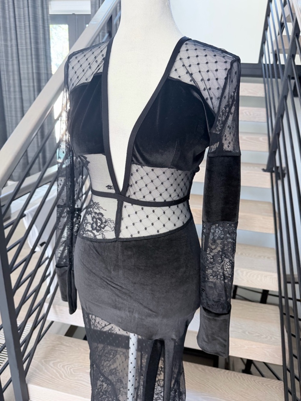 Sheer Panel Black Evening Maxi Dress with Deep V and Open back size XS - Picture 7 of 15